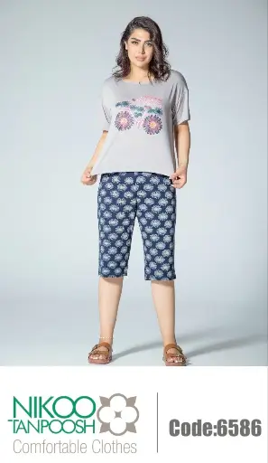 ست زنانه تیشرت یقه گرد و شلوارک  یکرو ویسکوز لایکرا چاپی